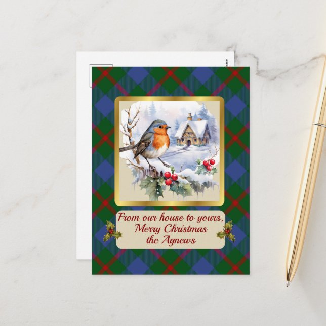 Agnew Crest & Tartan w/Robin Personalised  Holiday Postcard (Front/Back In Situ)