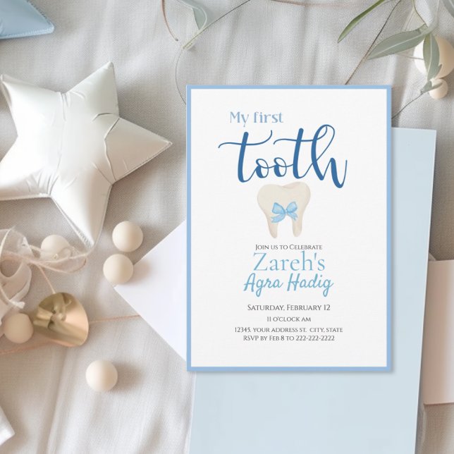 Agra Hadig  Armenian First Tooth Blue Customisable Invitation (Baby Boy First Tooth Agra Hadig Invitation)