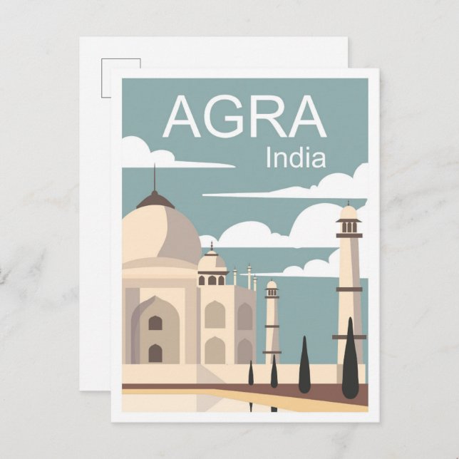 Agra India Art Vintage Travel Illustration Postcard (Front/Back)