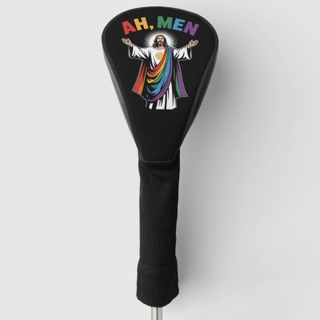 Ah Men Funny Jesus LGBTQ Gay Pride Rainbow Golf Head Cover (Front)