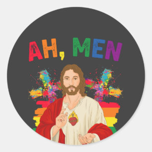 Ah Men Funny LGBT Gay Pride Jesus Christian Classic Round Sticker