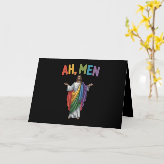 Ah Men Funny LGBT Gay Pride Jesus Rainbow Flag Card (Yellow Flower)