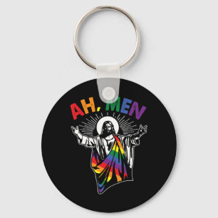 Ah Men Funny LGBT Gay Pride Jesus Rainbow Flag Chr Key Ring