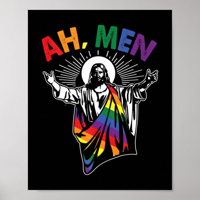Ah Men Funny LGBT Gay Pride Jesus Rainbow Flag Chr Poster (Front)