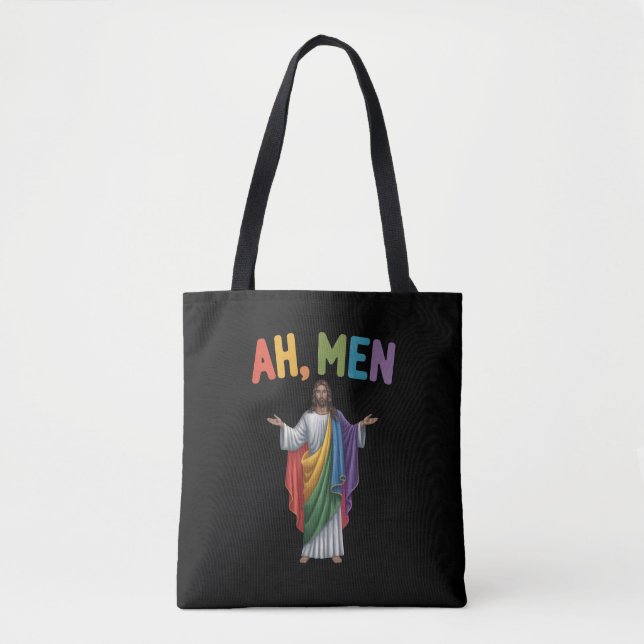 Ah Men Funny LGBT Gay Pride Jesus Rainbow Flag Tote Bag (Front)