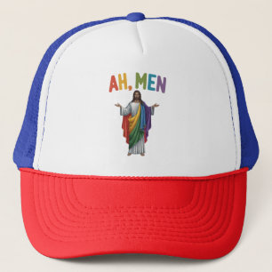Ah Men Funny LGBT Gay Pride Jesus Rainbow Flag Trucker Hat