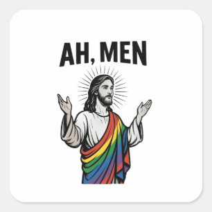 Ah Men Funny LGBT Gay Pride Jesus Rainbow Square Sticker