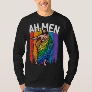 Ah Men Gay Jesus Funny LGBTQ Gifts Rainbow T-Shirt