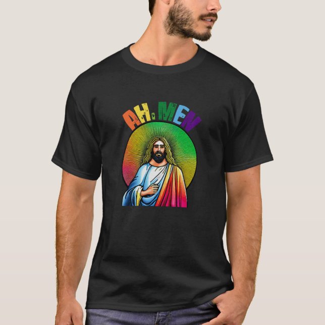 Ah,Men Jesus Christ LGBTQ Rainbow Colours Christia T-Shirt (Front)