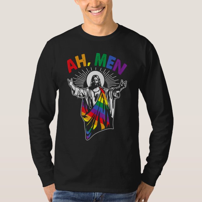 Ah Men Lgbt Gay Pride Jesus Rainbow Flag Christian T-Shirt (Front)