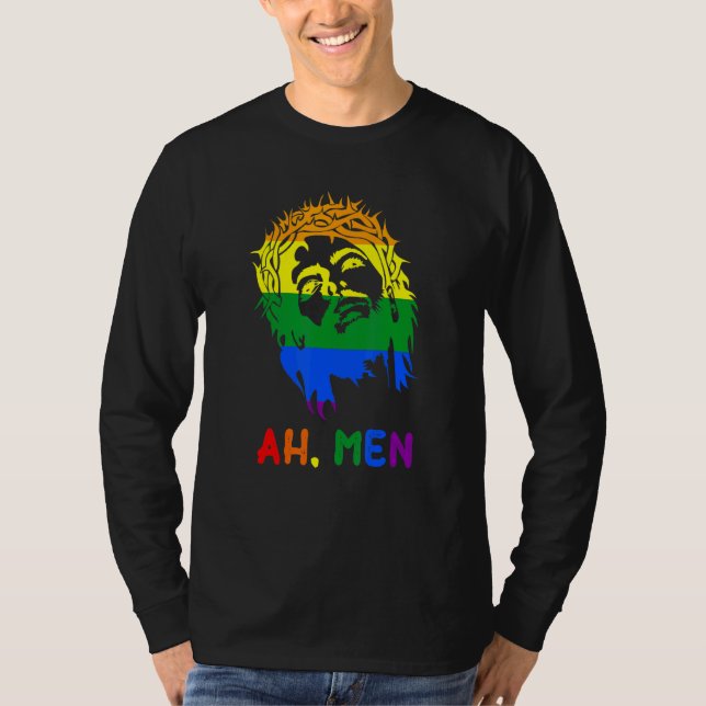 Ah Men Rainbow LGBTQ Pride Flag Gay Jesus Christia T-Shirt (Front)