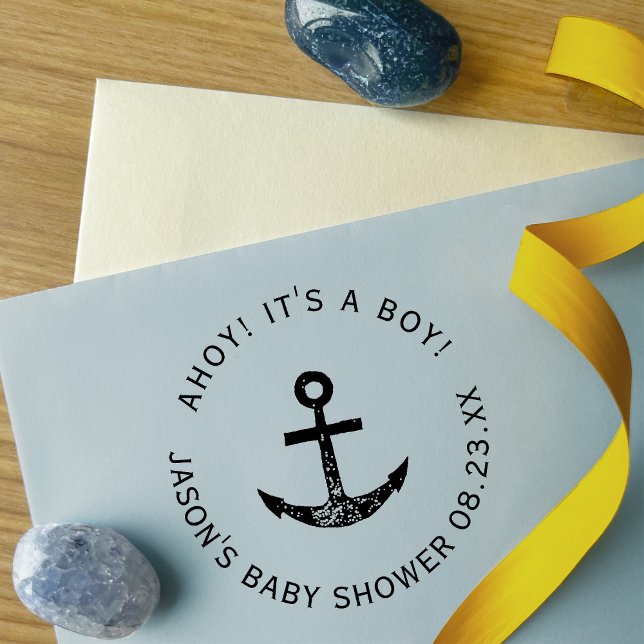 Ahoy! Anchor Nautical Blue Round Baby Shower Self-inking Stamp (Creator Uploaded)