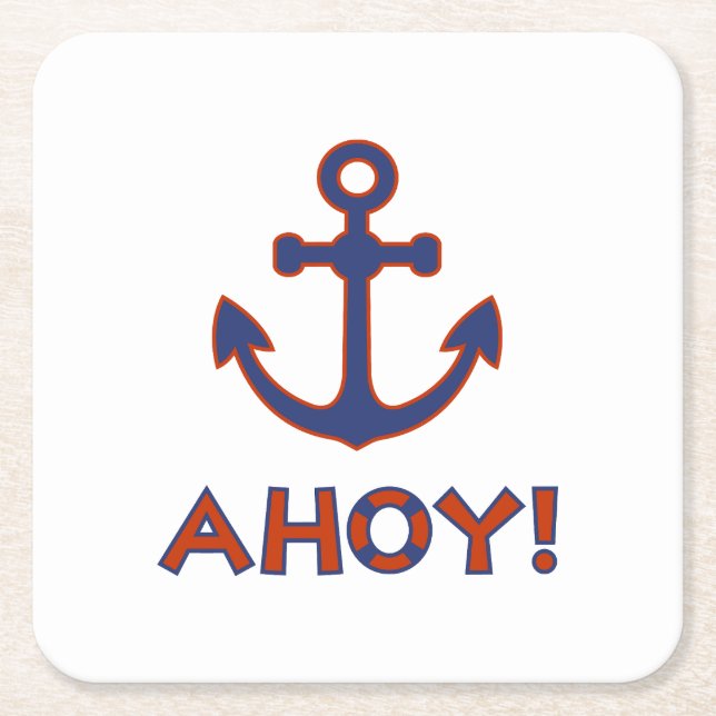 AHOY! Buoy + Anchor Design Red+Blue Square Paper Coaster (Front)