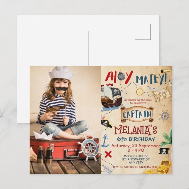 Ahoy Captain Treasure Pirate kids Birthday Party Postcard (Front/Back)
