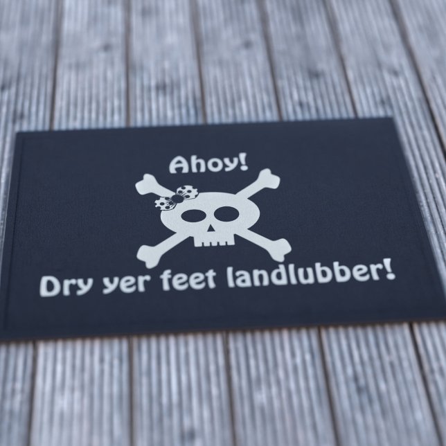 Ahoy Cute Pirate Skull Landlubbers Welcome Doormat ("Ahoy!! Dry yer feet landlubbers". Suitable for all pirate doorways.)