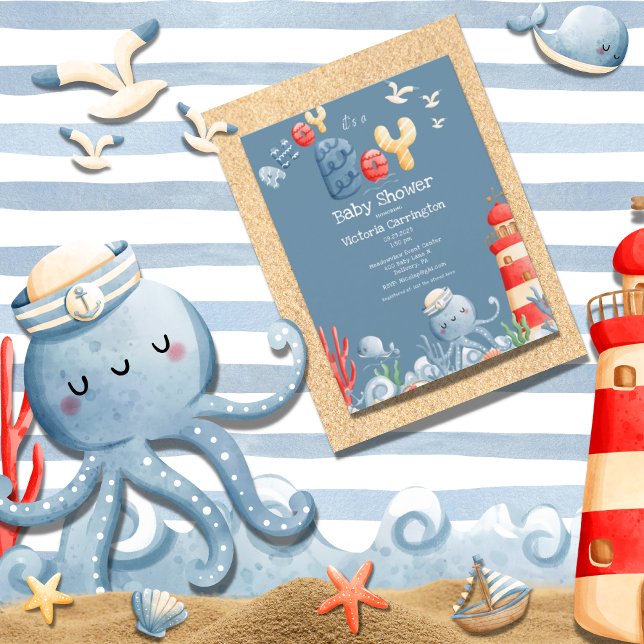 Ahoy It’s a Boy Blue Nautical Baby Shower Postcard (Creator Uploaded)