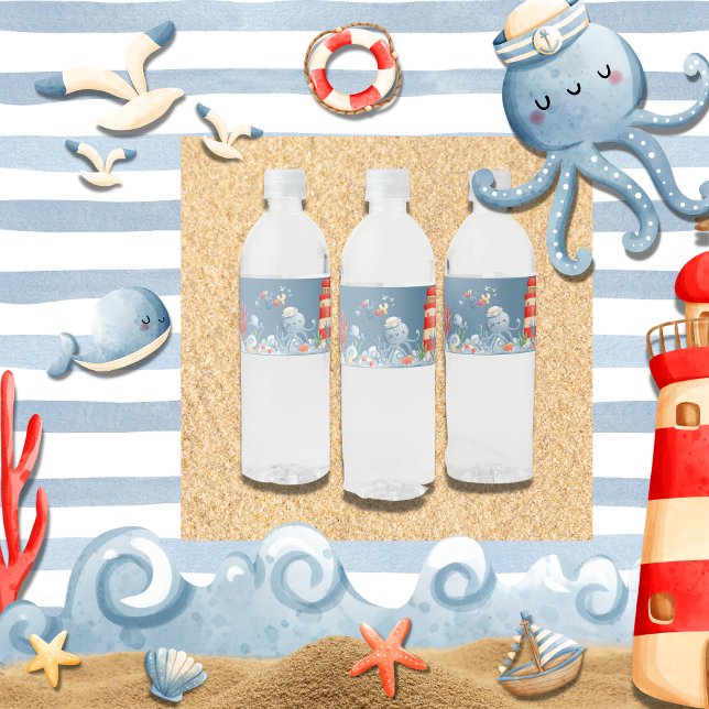 Ahoy It’s a Boy Blue Nautical Baby Shower Water Bottle Label (Creator Uploaded)