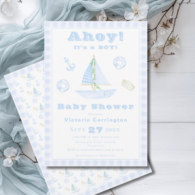 Ahoy It’s a Boy Blue Plaid Modern Baby Shower Invitation (Creator Uploaded)