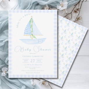 Ahoy It’s a Boy Blue Plaid Modern Baby Shower Invitation