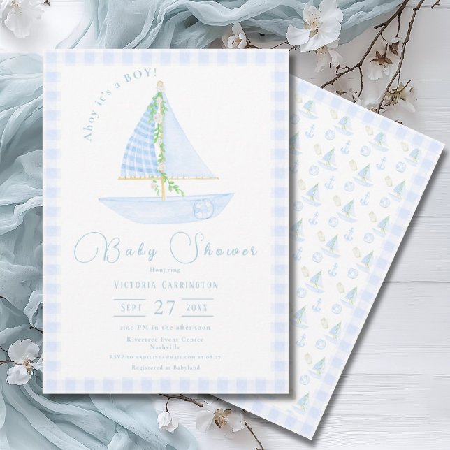 Ahoy It’s a Boy Blue Plaid Modern Baby Shower Invitation (Creator Uploaded)