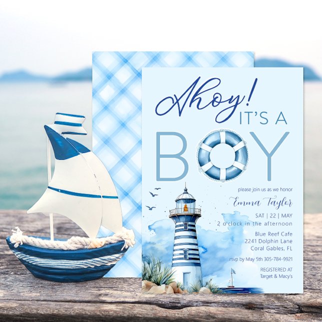 Ahoy It’s a Boy Nautical Baby Shower Invitation  (Ahoy It's A Boy Lighthouse Baby Shower Theme)