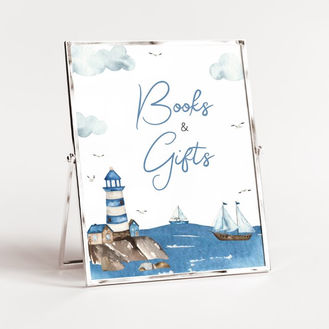 Ahoy It’s A Boy Nautical Books and Gifts Poster (Blue Boy Baby Shower Books and Gifts Sign)