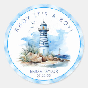 Ahoy It’s a Boy Nautical Lighthouse Baby Shower  Classic Round Sticker