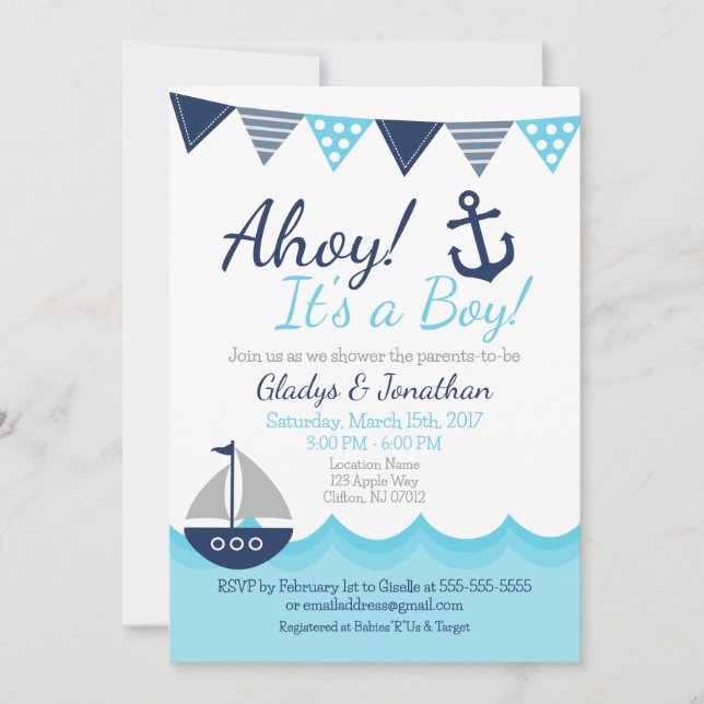 Ahoy! It’s a Boy Nautical Sailor Baby Shower Invit Invitation (Front)
