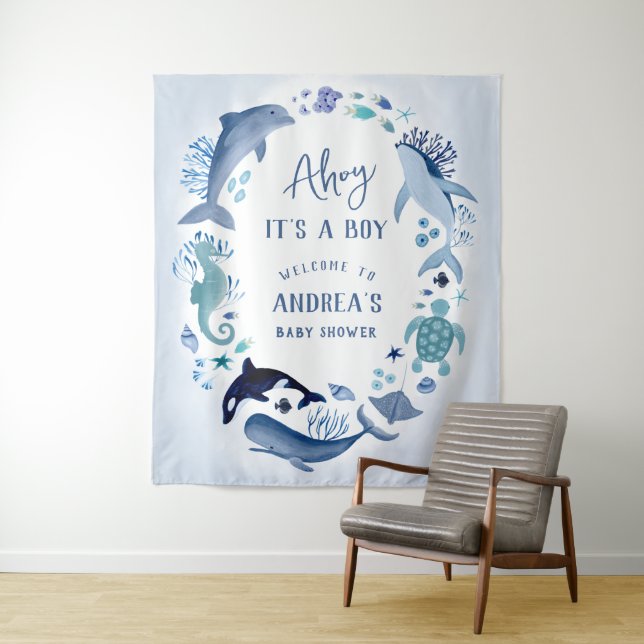 Ahoy It’s a Boy Under the Sea Blue Baby Shower Tapestry (In Situ)