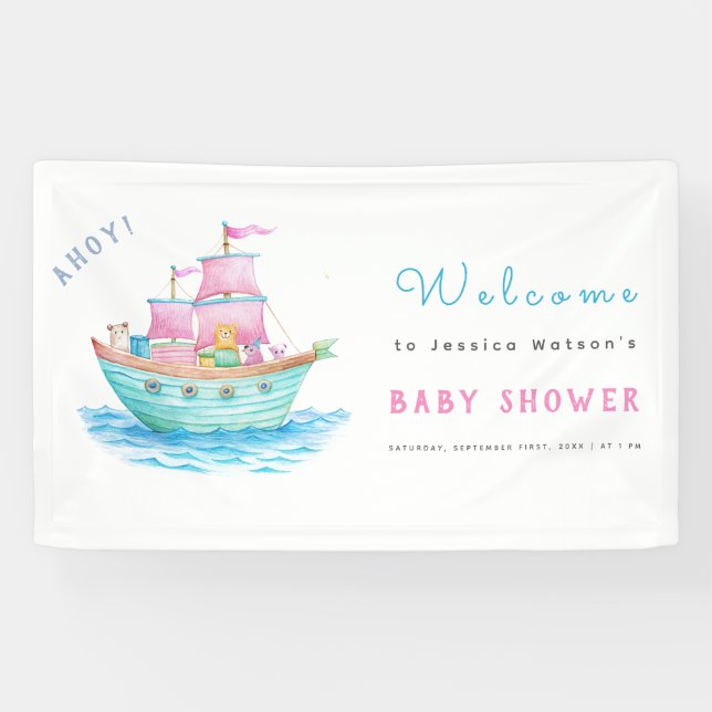 Ahoy It's A Baby Ship Animals Sailboat Baby Shower Banner (Horizontal)