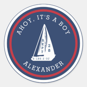 Ahoy It's a Boy - Baby Red White Blue Sailboat Classic Round Sticker