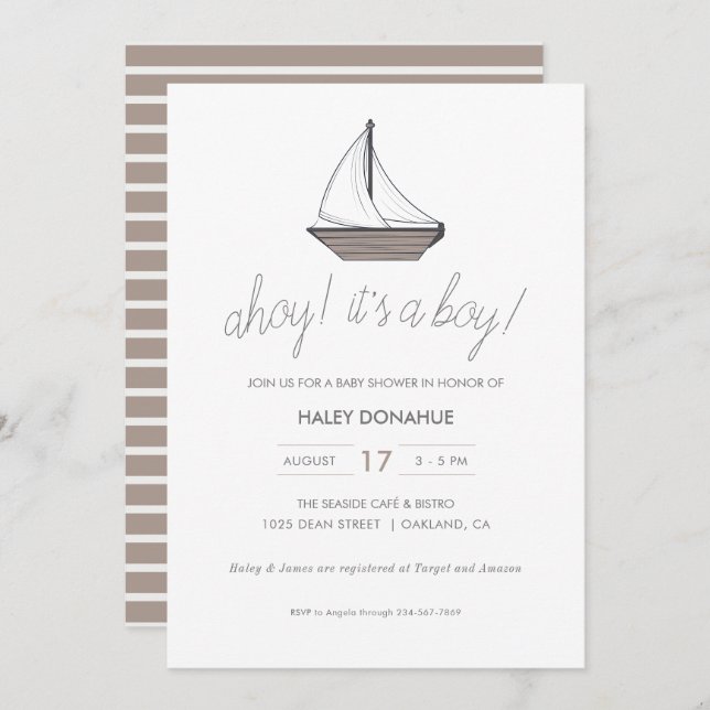 Ahoy! It's a Boy! Baby Sailboat  Invitation (Front/Back)