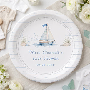 Ahoy It's A Boy Baby Shower Blue Sailboat Paper Plate