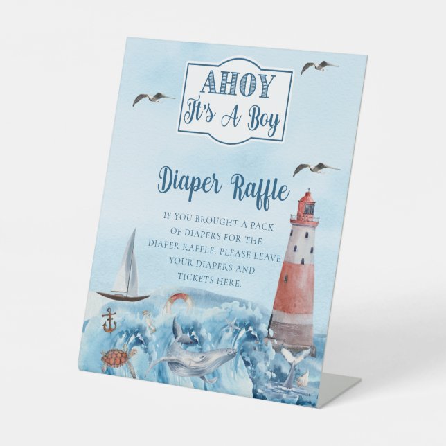 Ahoy It's A Boy Baby Shower Diaper Raffle  Pedestal Sign (Front)