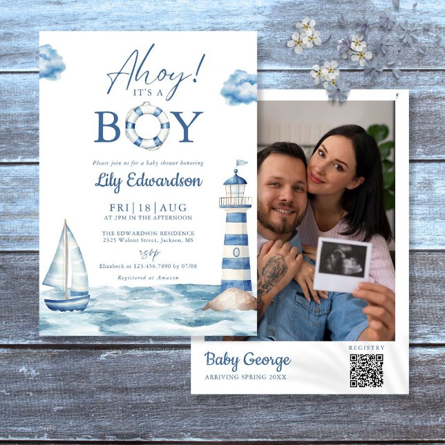 Ahoy Its A Boy Baby Shower Photo QR Code Invitation (Creator Uploaded)