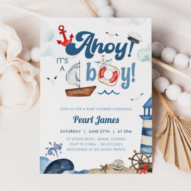 Ahoy It's A Boy Blue and Red Nautical Baby Shower  Invitation (Creator Uploaded)