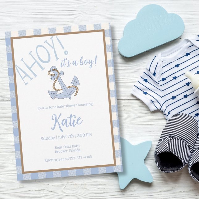 Ahoy it's a boy blue and white baby shower invitation (Creator Uploaded)