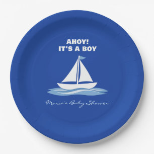 Ahoy It's a Boy! Blue Nautical Boat Baby Shower Paper Plate