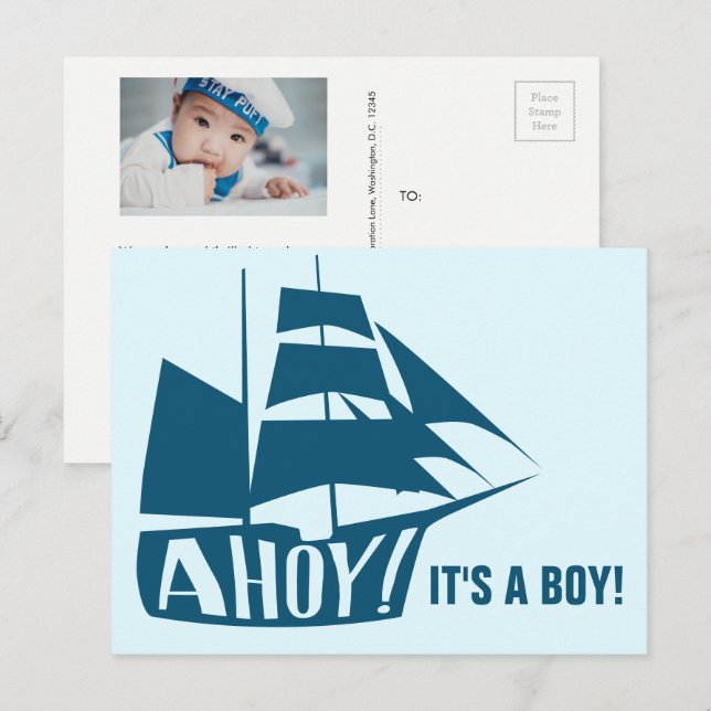 Ahoy it's a boy! Blue Nautical Themed Baby Photo Postcard (Front/Back)