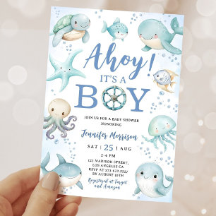 Ahoy It's A Boy Blue Sea Ocean Baby Shower Invitation