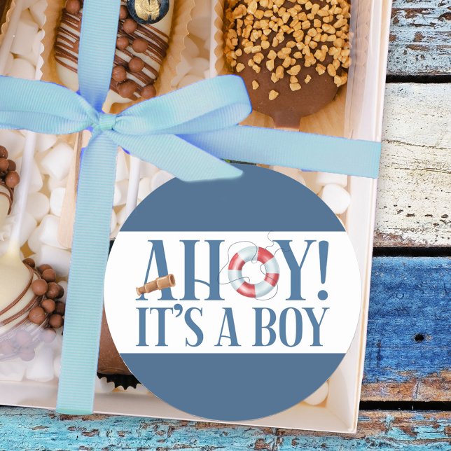 Ahoy Its a Boy Blue Typography Classic Round Sticker (Boy baby shower stickers from my Happy Whale collection. Message if you need different items.
)
