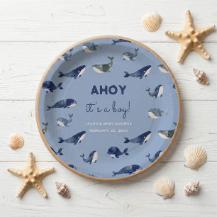 Ahoy It's A Boy Blue Whale Baby Shower Paper Plate