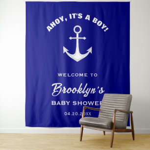 Ahoy Its A Boy Blue White Fun Baby Shower Backdrop Tapestry