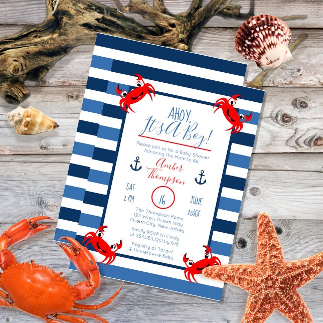 Ahoy It's A Boy Crab Nautical Theme Baby Shower Invitation (Creator Uploaded)