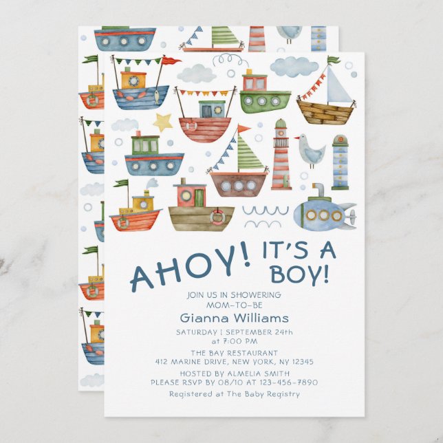 AHOY! It's A Boy Cute Nautical Baby Shower Invitation (Front/Back)