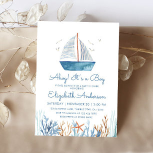 Ahoy! It's a Boy Cute Sailboat Baby Shower Invitation