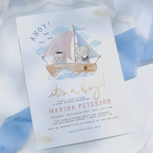 Ahoy It's A Boy Elephant Sailboat Baby Shower Invitation