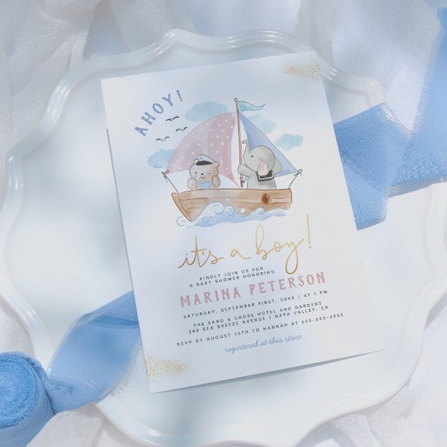 Ahoy It's A Boy Elephant Sailboat Baby Shower Invitation (Creator Uploaded)