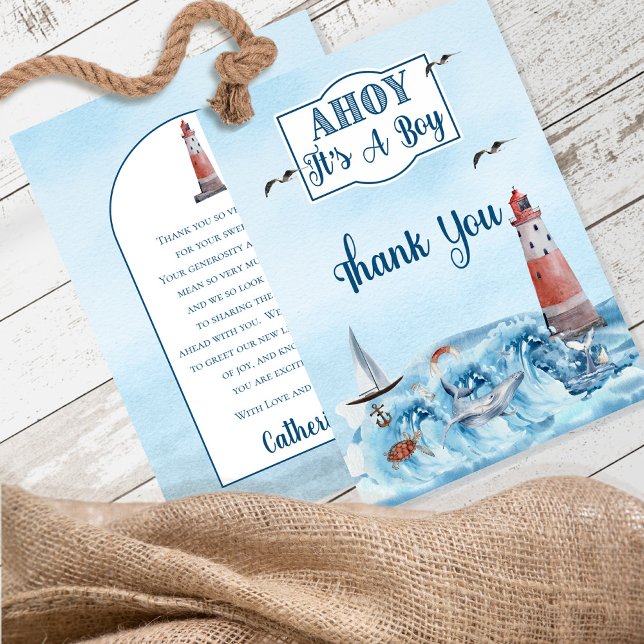 Ahoy It's A Boy Lighthouse Ocean Baby Shower  Than Thank You Card (Creator Uploaded)