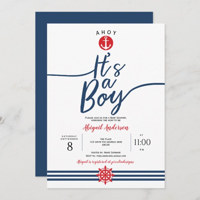 Ahoy, it's a Boy, Nautical, Baby Boy Shower Invitation (Front/Back)